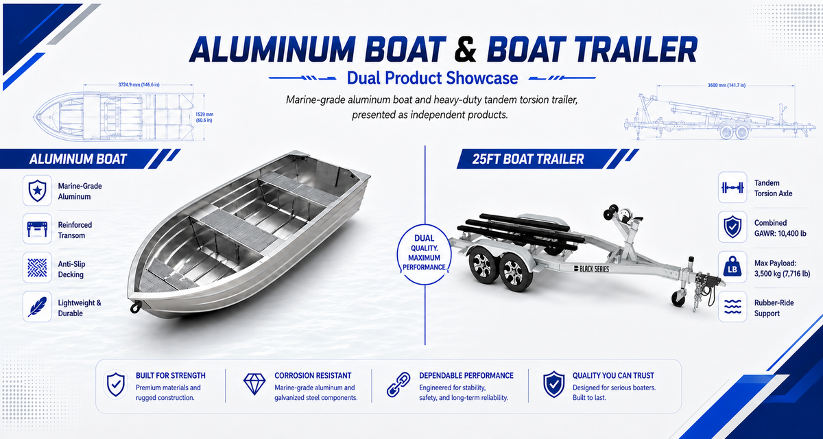 Infographic of a marine-grade 5052 aluminum boat and 25 ft tandem torsion-axle boat trailer with key specifications