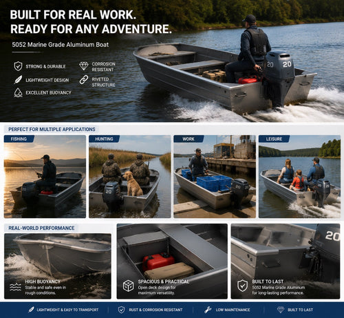 Aluminum Jon Boat 12 ft in use for fishing, hunting and utility work with an outboard motor