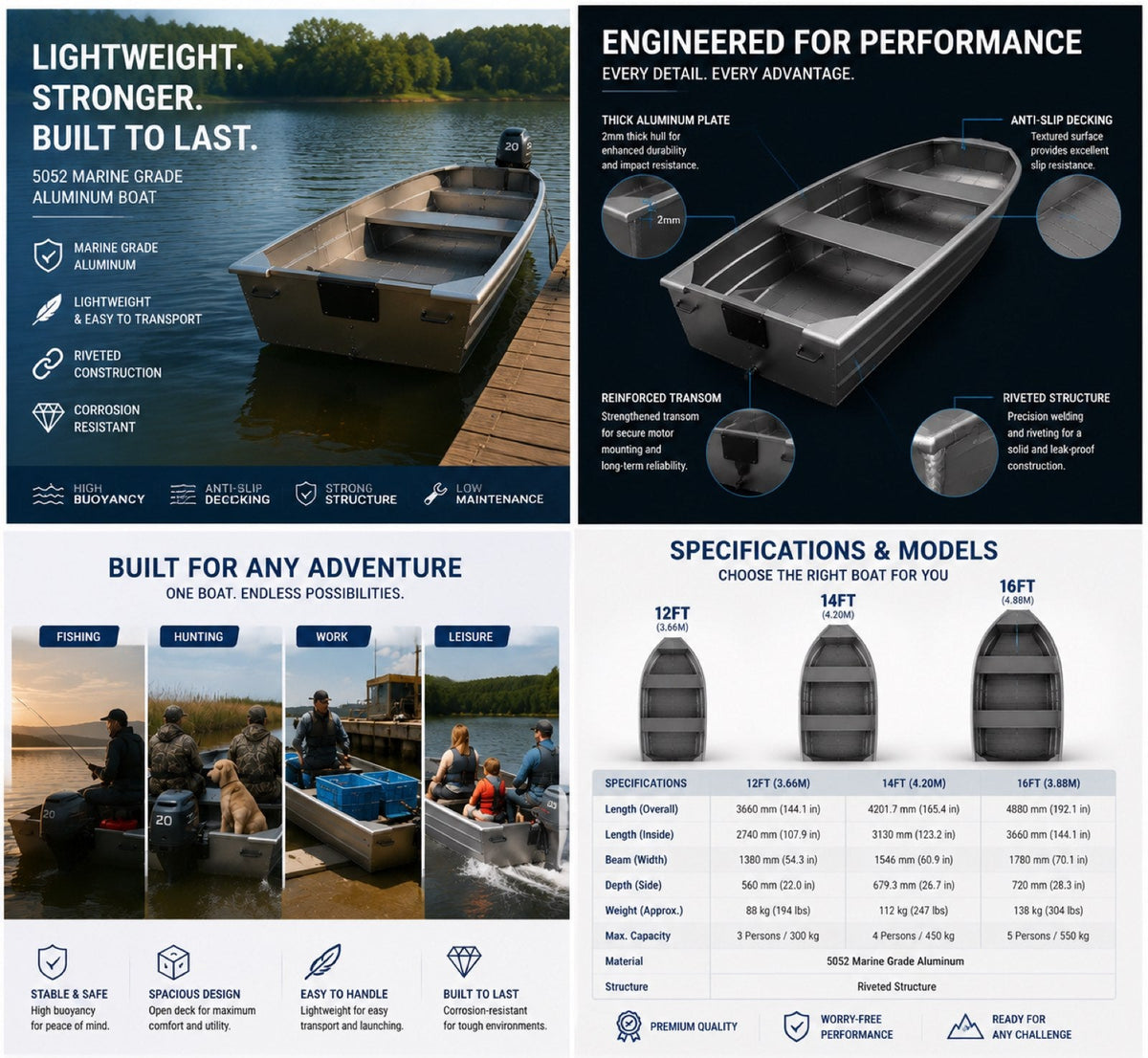 Size comparison chart of Black Series Marine aluminum boat lengths