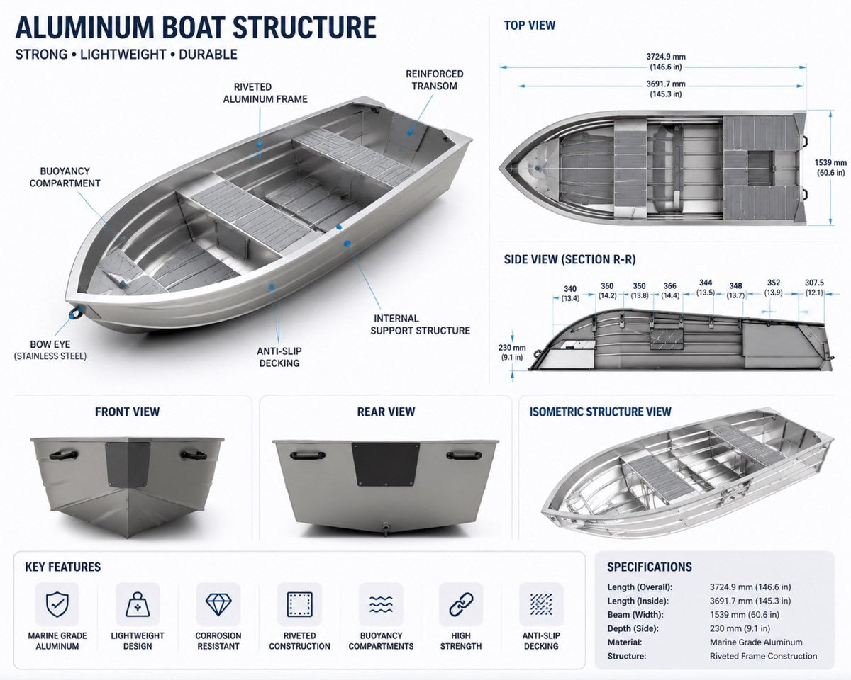 Structure diagram of the aluminum jon boat with top, side, front and rear dimensioned views