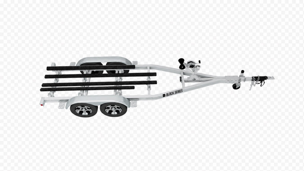 Elevated view of an aluminum boat trailer showing crossmembers and parallel bunk rails