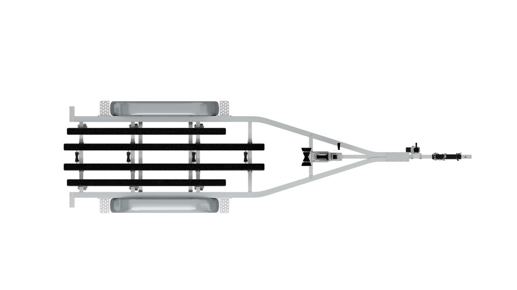 Top-down plan view of a tandem axle boat trailer frame, bunk rails and tongue