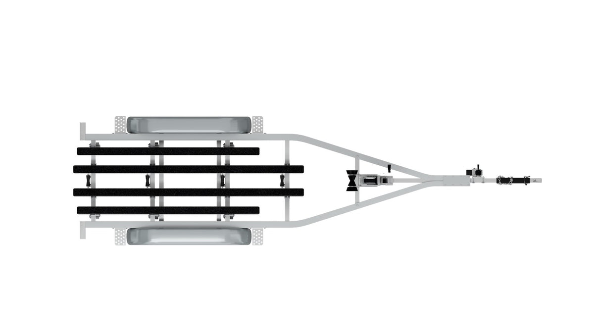 Top-down plan view of a tandem axle boat trailer frame, bunk rails and tongue