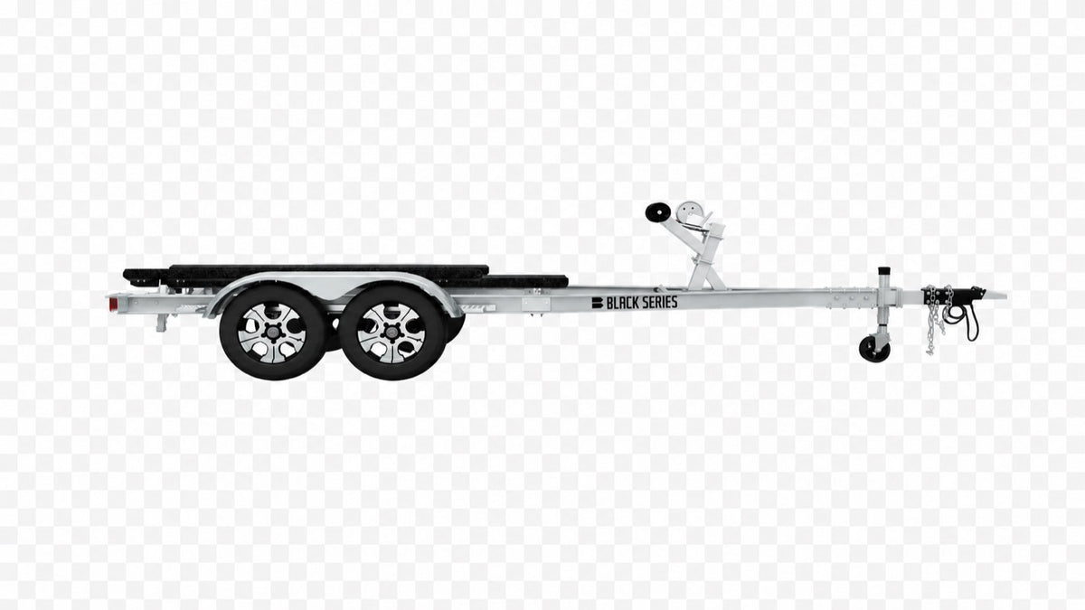 Profile view of a tandem axle aluminum boat trailer showing frame length and torsion axles