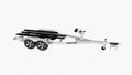 Side view of a 25 ft tandem axle aluminum boat trailer with black bunk boards and winch stand
