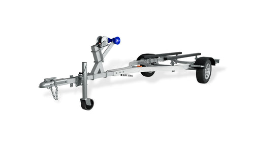 Front quarter view of a Black Series aluminum jet ski trailer with bow winch, keel roller and jack wheel