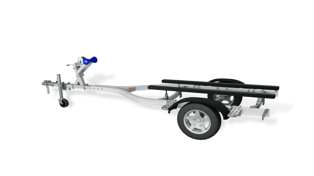 Rear quarter view of a single-axle aluminum jet ski trailer with carpeted bunks and tail lights