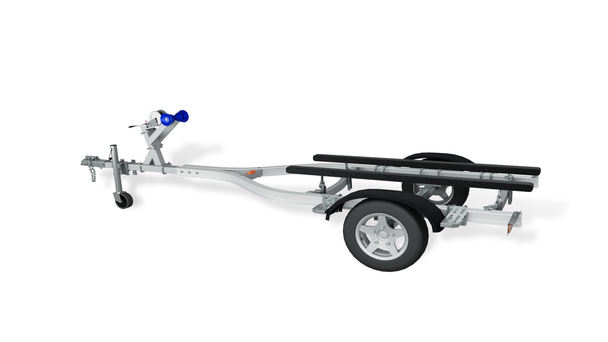 Rear quarter view of a single-axle aluminum jet ski trailer with carpeted bunks and tail lights