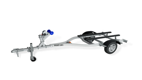 Side view of a Black Series single-axle aluminum jet ski trailer with torsion axle and 13 inch radial tires